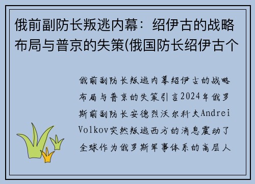 俄前副防长叛逃内幕：绍伊古的战略布局与普京的失策(俄国防长绍伊古个人简历)