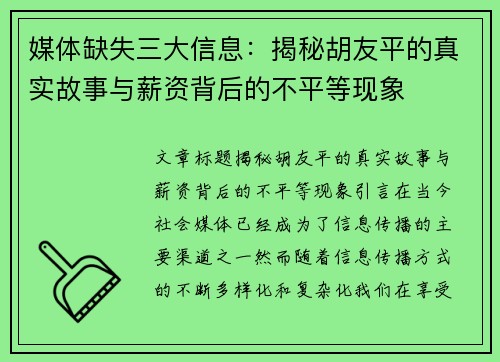 媒体缺失三大信息：揭秘胡友平的真实故事与薪资背后的不平等现象