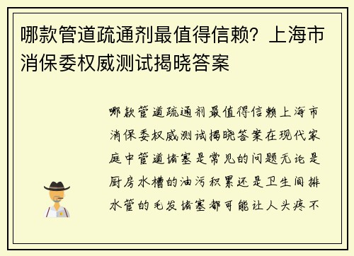 哪款管道疏通剂最值得信赖？上海市消保委权威测试揭晓答案