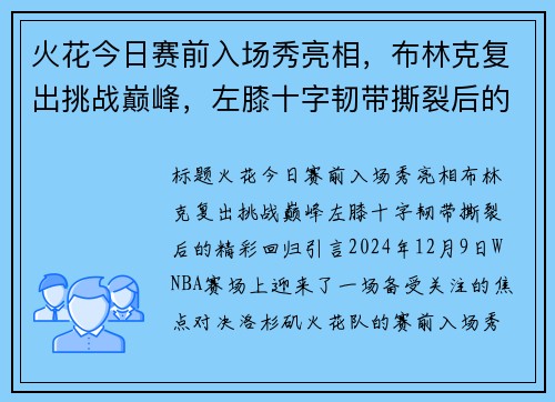 火花今日赛前入场秀亮相，布林克复出挑战巅峰，左膝十字韧带撕裂后的精彩回归