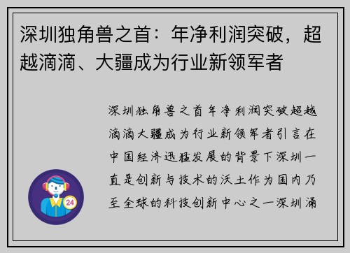深圳独角兽之首：年净利润突破，超越滴滴、大疆成为行业新领军者