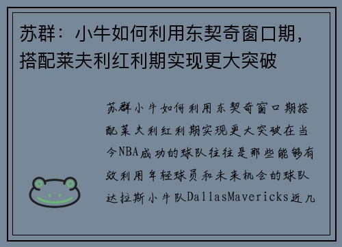 苏群：小牛如何利用东契奇窗口期，搭配莱夫利红利期实现更大突破