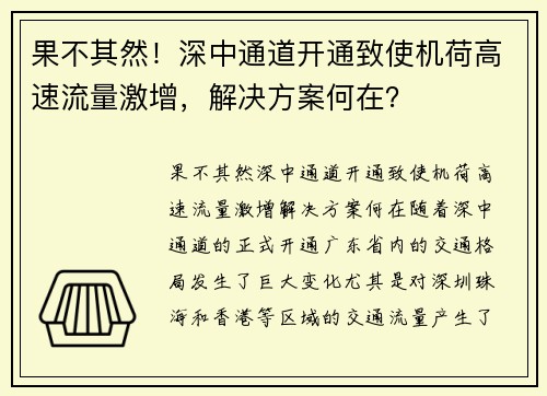果不其然！深中通道开通致使机荷高速流量激增，解决方案何在？