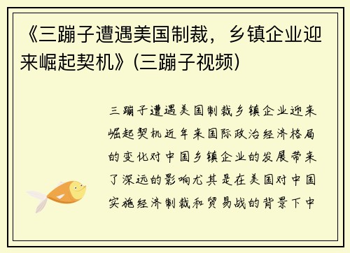 《三蹦子遭遇美国制裁，乡镇企业迎来崛起契机》(三蹦子视频)