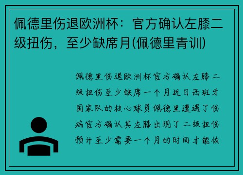 佩德里伤退欧洲杯：官方确认左膝二级扭伤，至少缺席月(佩德里青训)